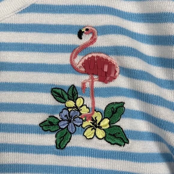 Talbots Sweater Womens Large White Blue Stripes 3/4 Sleeve Cardigan Flamingo - Picture 4 of 11